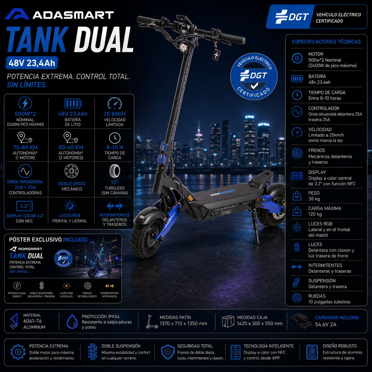 Adasmart Tank Patinete Eléctrico 48V 23,4Ah Doble Motor Homologado DGT