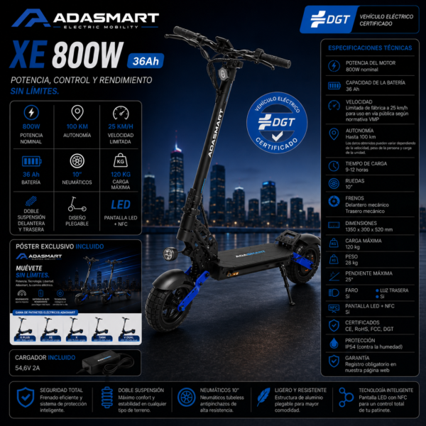 Adasmart XE Plus Patinete Eléctrico 48V 36Ah 1000W Homologado DGT