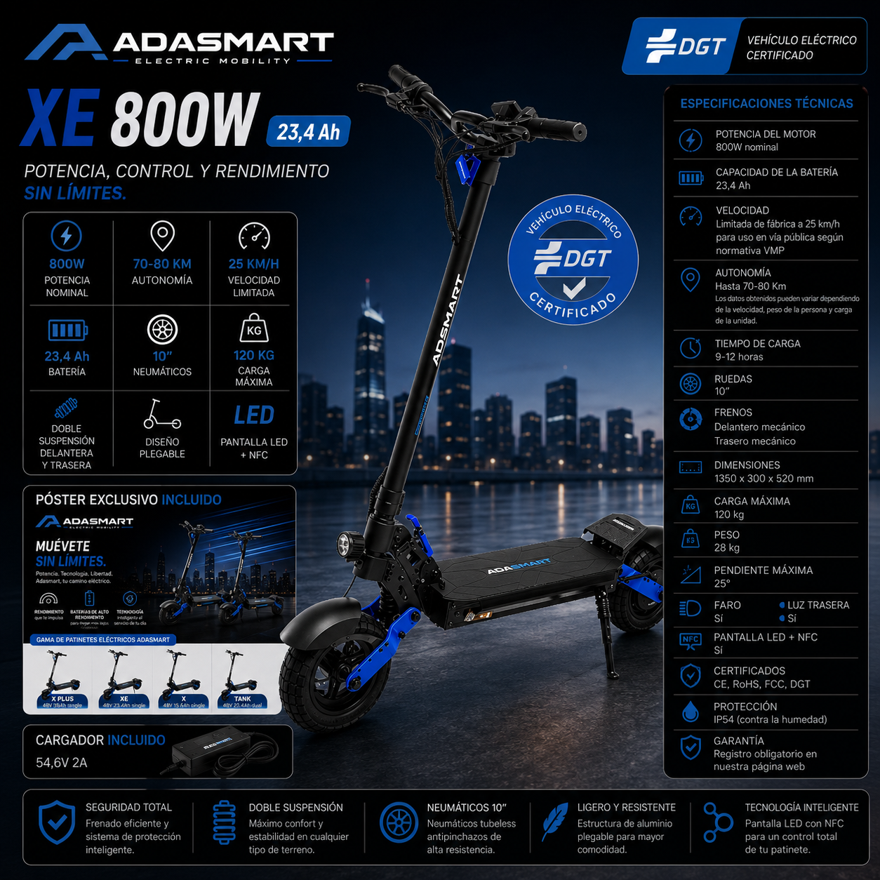 Adasmart XE Patinete Eléctrico 48V 23,4Ah 1000W Homologado DGT